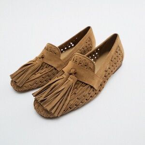 Zara Woven Split Leather Flat Loafers